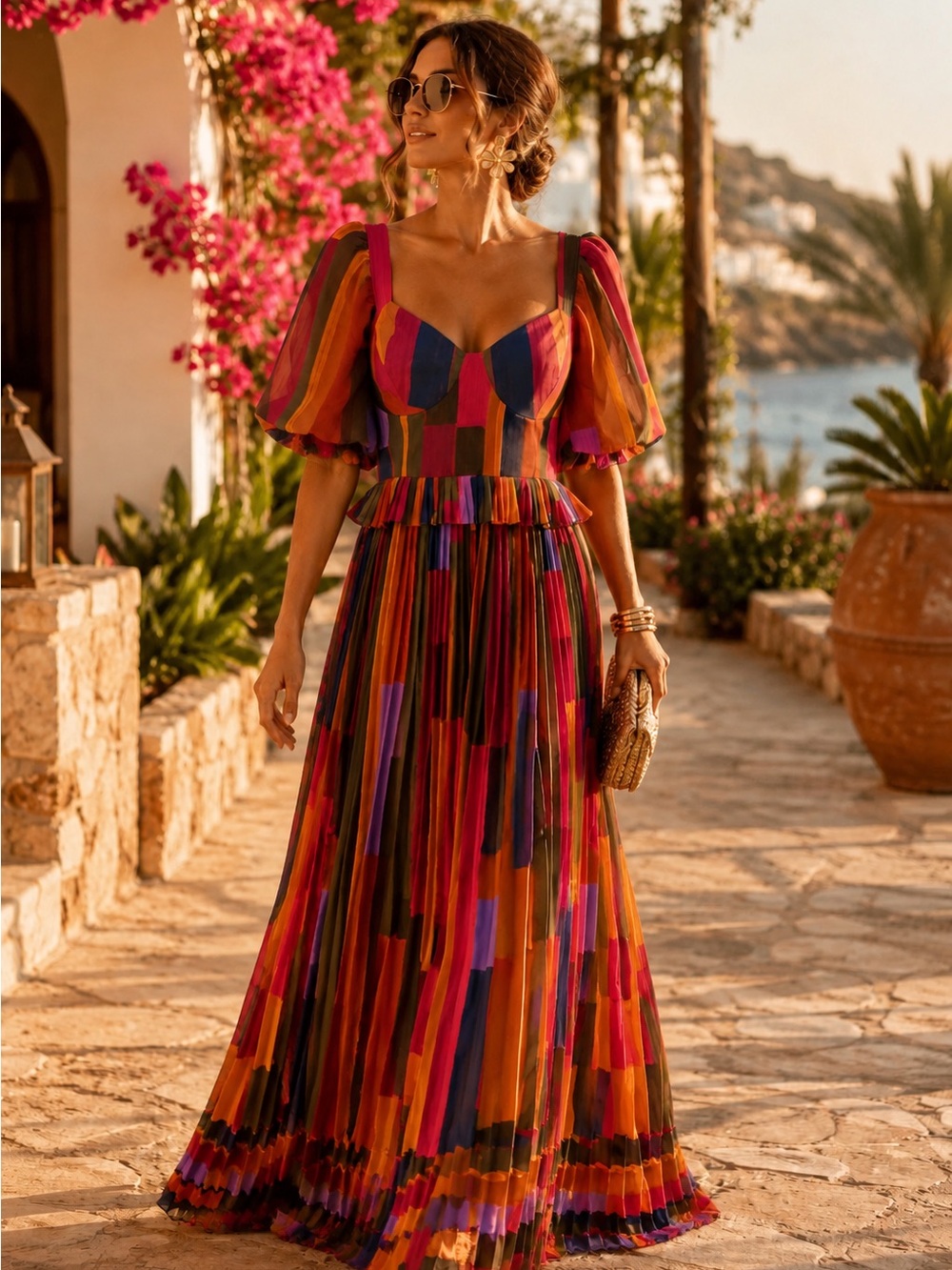 Farm Rio Multicolor Pleated Maxi Dress Puff Sleeve Sweetheart Neckline Size M